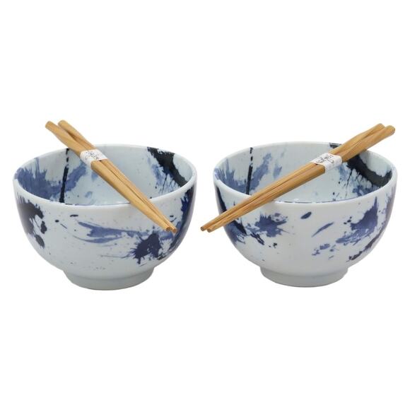 Ebros Blue Splash Paint Abstract Art Design Porcelain Bowls Bamboo Chopstick Set - Picture 1 of 4